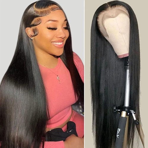 HANSAMU 28inch 13x4 Straight Human Hair Lace Front Wigs HD Transparent 13x4 Lace Frontal Wigs Glueless Long Silk Straight Natural Heat Resistant Fiber for Black Women with Baby Hair