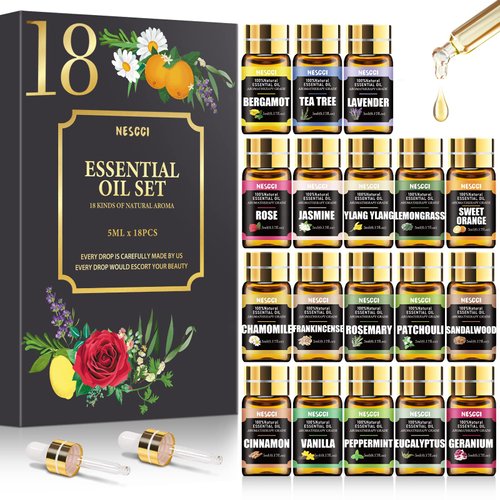 Essential Oil Set, for Diffuser, Humidifiers, Skin Care, Massage, Fragrance Oil Scent for DIY Candle and Soap Making (18 * 5ML)