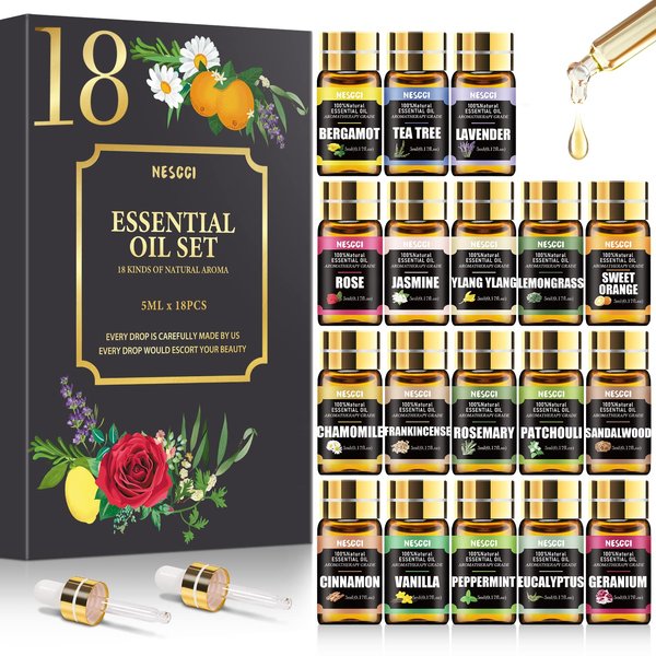 Essential Oil Set, for Diffuser, Humidifiers, Skin Care, Massage, Fragrance Oil Scent for DIY Candle and Soap Making (18 * 5ML)