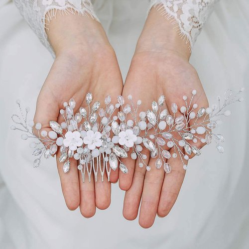 YBSHIN Wedding Hair Comb Silver Flower Pearl Bridal Hair Piece Crystal Bride Hair Accessories for Women and Girls