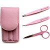 Precision Stainless Steel Eyebrow Tweezers Set In Pointed And Slanted Tip, Curved Brow Scissors, Comes With Pink Travel Case