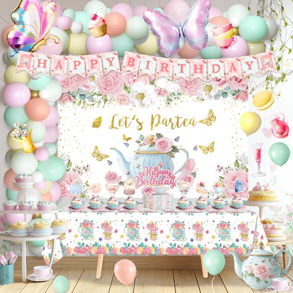 126pcs Tea Party Decorations Kit, Let's Partea Birthday Party Decorations, Floral Par Tea Supplies Backdrop Tablecloth Balloon Garland Arch Kit Cake Cupcke Topper Cutout for Tea Birthday Party Girl