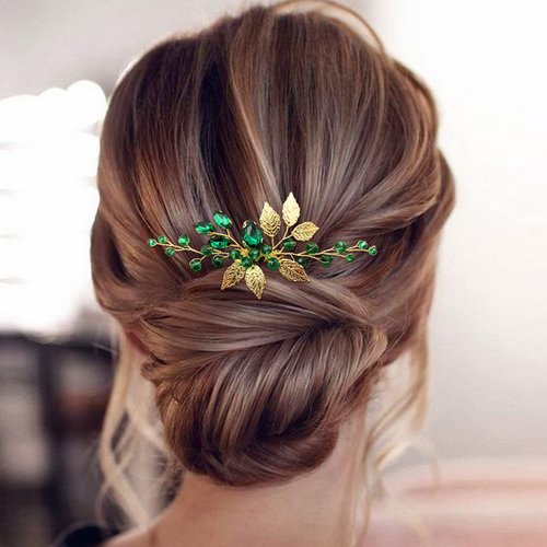 BETITETO Bridal Hair Comb Emerald Green Crystal Gold Leaf Vine Hair Piece Accessories for Wedding Bride Women Party (Emerald Green)
