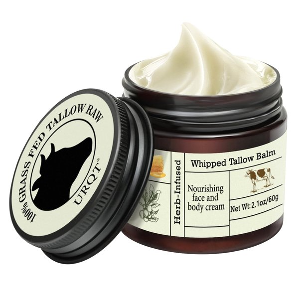 URQT Beef Tallow for Skin - Organic Grass-Fed Whipped Beef Tallow and Honey Balm - Deeply Moisturizing for Face & Body - Natural Skin Care for Soft, Supple Skin