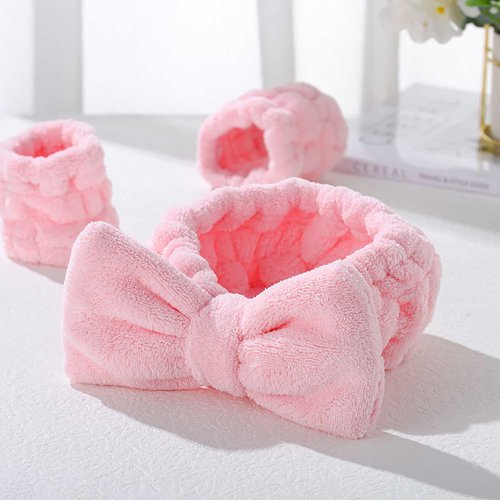 Gangel Cute Bow-Knot Solid Color Spa Headband and Wrist Bands Set Soft Microfiber Elastic Hair Band for Washing Face Bow-Tie Kawaii Makeup Skincare Headbands Coral Velvet Facial Head Wraps for Women