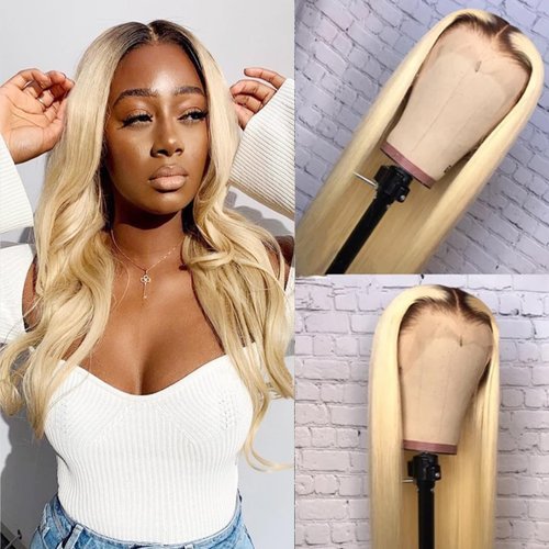 OiMiGO Blonde Lace Front Wigs Human Hair 180% Density 613 Frontal Wig Human Hair 13x4 Straight HD Lace Wigs Human Hair,#1B613 Ombre Lace Front Wig Human Hair Pre Plucked Glueless Wigs(20Inch)