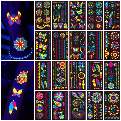 160 PCS Glow in The Dark Temporary Tattoos - Neon UV Blacklight Reactive Light Face Flash Tattoo ...