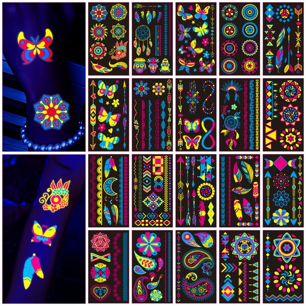 160 PCS Glow in The Dark Temporary Tattoos - Neon UV Blacklight Reactive Light Face Flash Tattoo Stickers,Festival Accessory Party Favors Supplies,Temp Great for EDM EDC Party Rave Parties 20 Sheet
