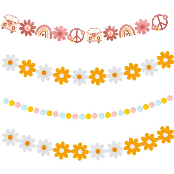 Groovy Party Decorations,4PCS Daisy Party Decorations,Hippie Boho Garland and Felt Ball Garland,Spring Daisy Party Supplies for Wall Window Home Room Decorations