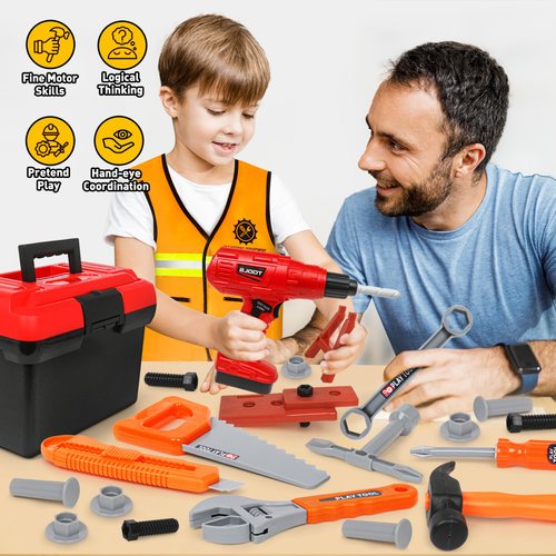 Kids Tool Set - 50Pcs Toddler Tool Set Age 3-5 Construction Toys with Tool Box & Electronic Toy Drill Pretend Play Dress Up Toddler Boys Toys 4-6 Birthday Gifts for 3 4 5 6 7 Year Old Boy Girl