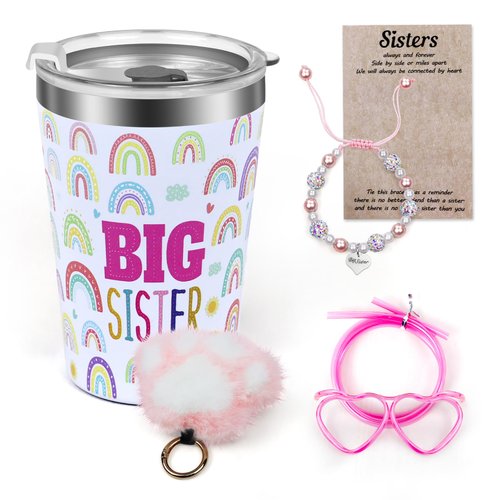 OARSE 4 Pcs Big Sister Gifts Sister Cup 12 oz Pink Big Sister Cup Stainless Steel Mug Vacuum Insulated Tumbler and Big Sister Bracelet Gifts for Little Girls Plush keychain