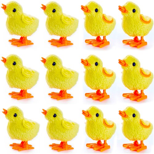 Liberty Imports 12 Pack Wind-Up Chicks - Fluffy Jumping Chicken Ducklings Bulk Wind Up Novelty Easter Party Favors Kids Toys