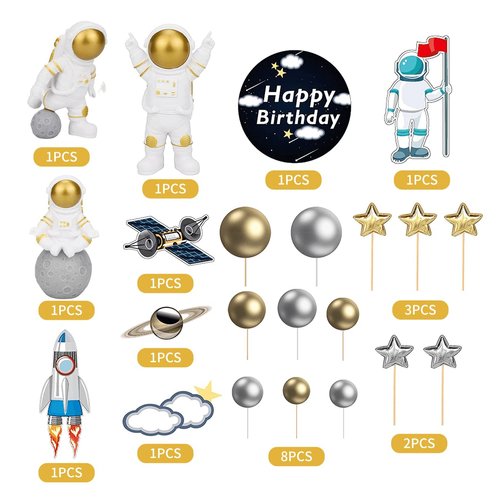 22 Pcs Space Cake Topper,Outer Space Cupcake Toppers Astronaut Figurine Decorations Birthday Space Themed Party Supplies Planet Rocket Pearl Balls and Star DIY Cake Toppers for Kids Party Baby Shower