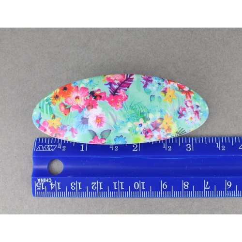 Aqua pink green barrette floral oval plastic curved hair clip 3.25 inches long 1.25 inches wide flowers