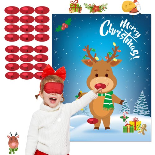 Funnlot Christmas Games for Kids Pin The Nose on The Reindeer Christmas Holiday Party Games Reusable 24 Noses Stickers and 1 Blindfold for for Kids and Adults