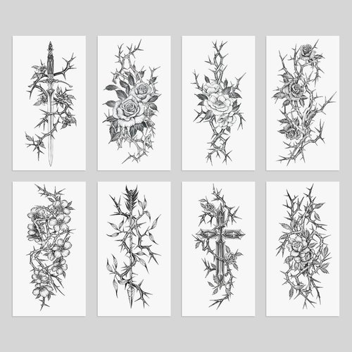 Oottati 8 Sheets Arm Waterproof Temporary Tattoos Black Sword Thorns Flower Rose Cross