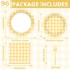 96Pcs Yellow Gingham Party Supplies Yellow Plaid Bachelorette Paper Plates and Napkins Yellow and White Gingham Birthday Party Decorations Tableware Set Plaid Party Favors Baby Shower for 24 Guests