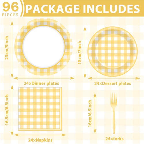 96Pcs Yellow Gingham Party Supplies Yellow Plaid Bachelorette Paper Plates and Napkins Yellow and White Gingham Birthday Party Decorations Tableware Set Plaid Party Favors Baby Shower for 24 Guests