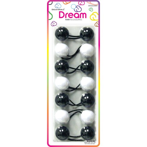 Dream World Ponytail Holder 25 MM Bead Solid Black & White 7 Piece Pack
