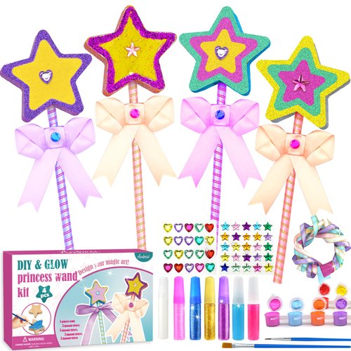 Ambesi Make Your Own Princess Wand Craft Kit, 4PCS Thick Wooden Fairy Wands with Gem Stickers & Ribbons, Art Kits for Toddler, Girls Painting Crafts Birthday Holiday Gifts for Girls Ages 3 4 5 6