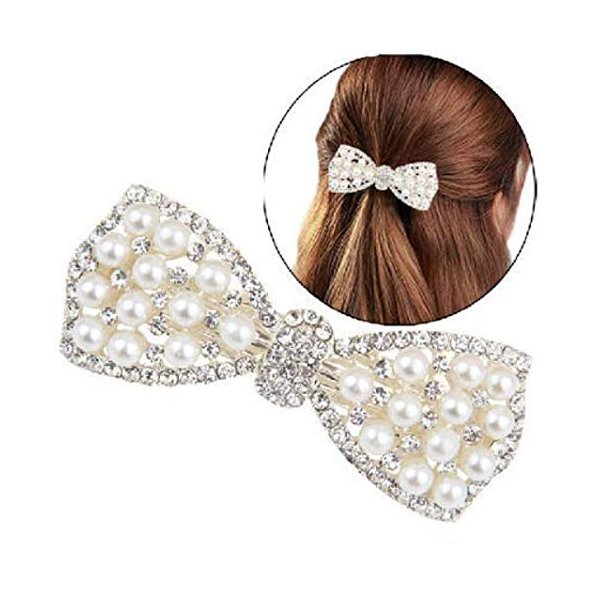 DNHCLL Pearl Bow Hairpin Set With Drill Water Drill Cross Pin Headdress Ponytail Clip for Womens(Silver)