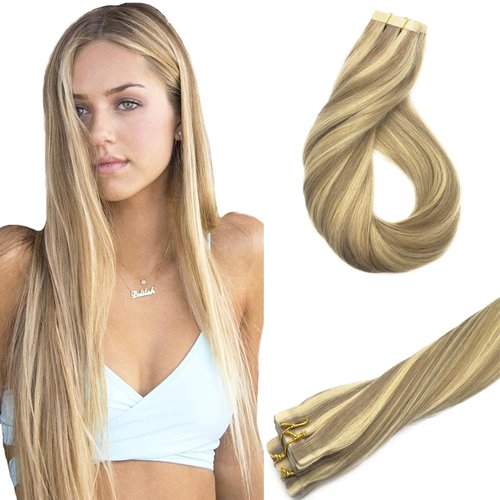 GOO GOO Tape in Hair Extensions Human Hair, 16/22 Light Blonde Highlighted Golden Blonde, 24inch 50g 20pcs, Thick Ends Straight Seamless Tape in, Invisible Tape in Hair Extensions Human Hair