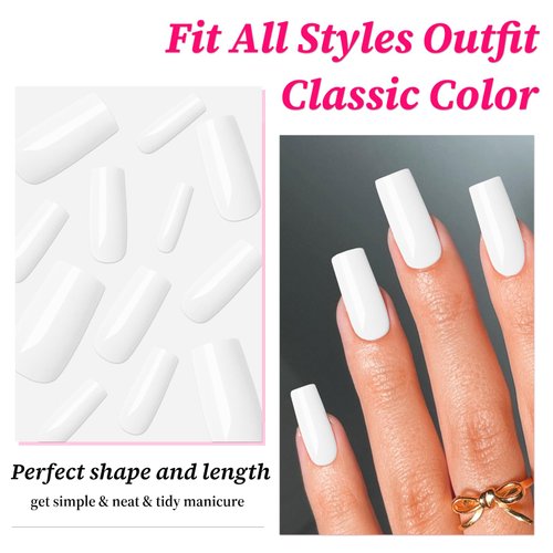 Lifextol 120pc Square Press on Nails Medium Long Ballerina Fake Nail Full Cover Artificia Acrylic False Nail Art Square Fingernails for Beginner Women and Girls Manicure(White）
