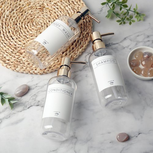 Janxin Shampoo and Conditioner Dispenser Set of 3,Modern Refillable 16oz Shampoo and Conditioner Bottles with Pump,Stylish Shower Soap Dispenser with Waterproof Labels for Bathroom(Clear)