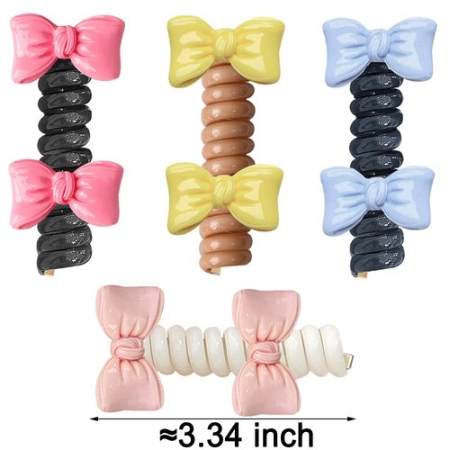 Double Bows Spiral Hair Ties No Damage Telephpone Line Hairties Plastic Coil Hair Ties for Women Hair Clips Ponytail Holders Telephone Cord Hair Bows Hair Elastics Bow Hair Tie Girls Hair Accessories