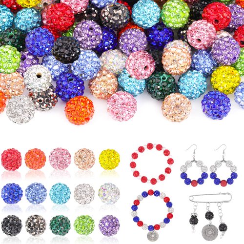 150 pcs 10mm Rhinestone Beads for Crafting, 15 Mixed Colors Shiny Round Shamballa Disco Ball Beads Bulk, Fancy Sparkle Crystal Clay Bead for Necklace Bracelet Earring Jewelry Making and DIY Decoration