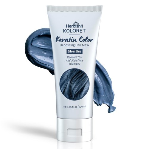 Herbishh Koloret Keratin Color Depositing Hair Mask 2-in-1 Deep Conditioner for Vibrant Hair, Revives Color, Ideal for Dry Damaged Hair Salon Worthy Shine at Home All Hair Types Silver Blue 3.5 fl oz