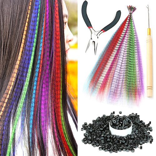 SHUOHAN 40 Pcs Synthetic Feather Hair Extensions With Tools 100 Pcs Micro Hair Beads 1 Crochet Hook and 1 Kit Pliers Feathers Hair Kit