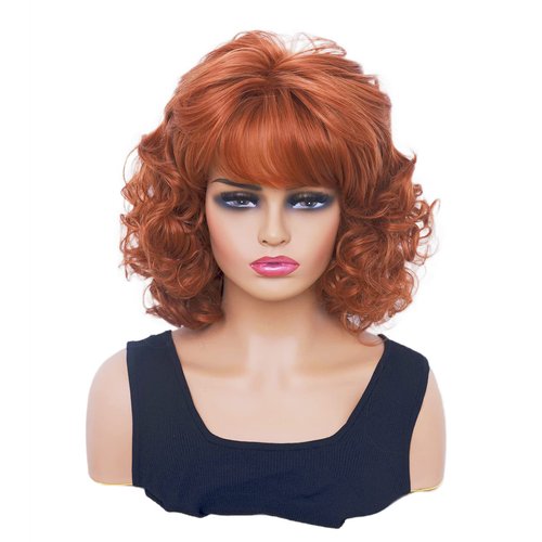 Gerulyss Short Copper Red Wigs for Women Auburn Wavy Shoulder Length Wig with Bangs Synthetic Ginger Curly Natural Wig for Role Play,Halloween,Daily Use