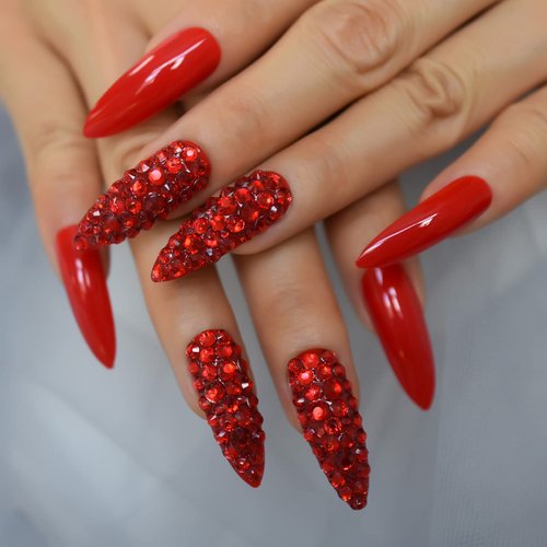 24pcs Stiletto Luxury Press On Nails Extra Long Solid Color Designed 3d Fake Nails With Rhinestones Full Cover Red Artificial Nail Set Sharp Pointed False Nail Tips For Ladies