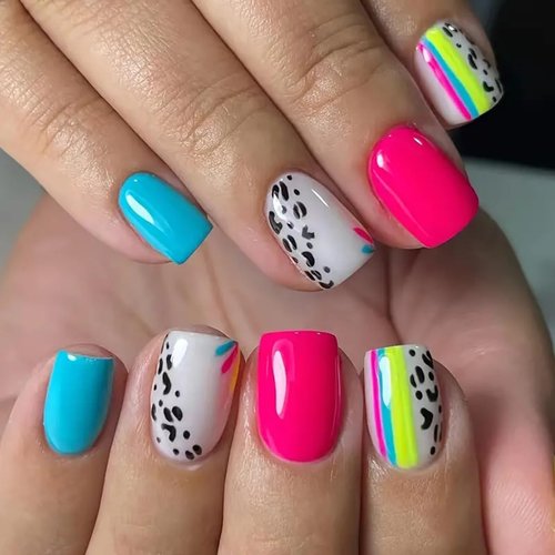 24PCS Summer Press on Nails Short Square Shape Fake Nails Glossy False Nails with Multi-color Stripe Leopard Print Design Blue Rose Red White Acrylic Full Cover Reusable Stick on Nails for Women Girls