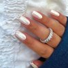 SINHOT Press on Nails Medium Square Fake Nails Chrome Acrylic Nails Glossy Glue on Nails White Aurora Squoval Artificial Nails Pearl Flash Stick on False Nails with Design 24 pcs
