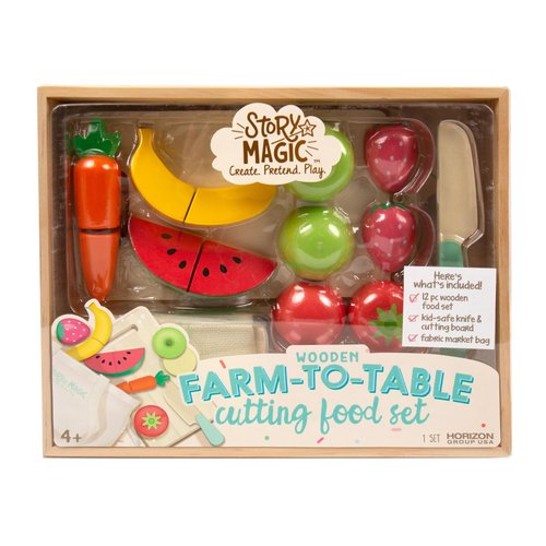 Story Magic Wooden Farm-to-Table Cutting Food Set, Wooden Play Food Toy, Kids Wood Cutting Fruits Vegetables, Toddler Cooking Pretend Play Kitchen Food Set