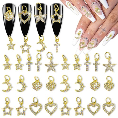 WOKOTO 26pcs Mix Design Dangle Nail Charms for Nail Art 3D Jewelry Flat Back Heart Star Cross Moon Nail Art Charms Rhinestones Nail 3D Cross Heart Star Charms for Nails Diamond Cross Nail Jewels