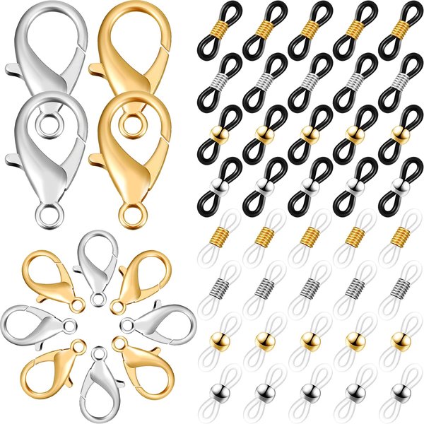 300 Pieces Eyeglass Chain Ends Adjustable Silicone Spectacle End Connectors Rubber Anti-Slip Ends Retainer for Eyeglass Strap Holder Necklace Chain Come with 60 Pieces Lobster Clasp