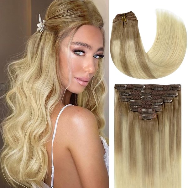 Lacer Natural Hair Extensions Clip in Human Hair 120g 7pcs with 16 Clips B#8/60 Light Brown Fading to Platinum Blonde Ombre Human Hair Extensions for Women 18 Inch