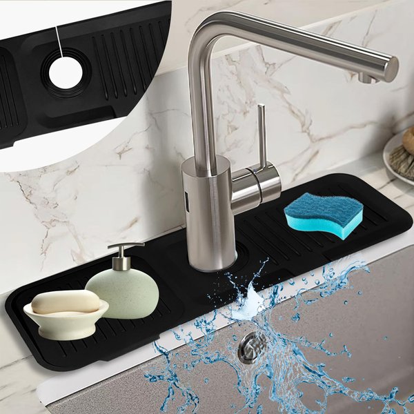 BULLMIND 7° Slope Kitchen Sink Splash Guard Behind Faucet | Sink Faucet Mat Splash Guard | Versatile Kitchen Faucet Splash Guard Accessory | Kitchen Splash Guard For Sink (17.7 x 5.5 inch, Black)