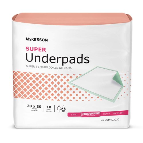 McKesson Super Underpads, Incontinence Bed Pads, Moderate Absorbency, 30 in x 30 in, 10 Count
