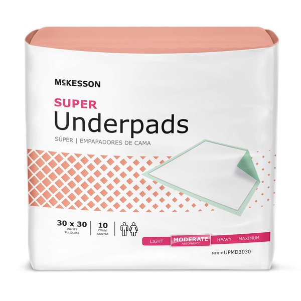 McKesson Super Underpads, Incontinence Bed Pads, Moderate Absorbency, 30 in x 30 in, 10 Count