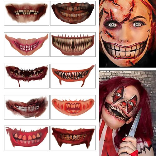 Halloween Tattoo Stickers 10PCS Clown Horror Mouth Tattoo Stickers Decal, Halloween Temporary Tattoos Face Body Makeup Decals Prank Props for Halloween Cosplay Party Decorations