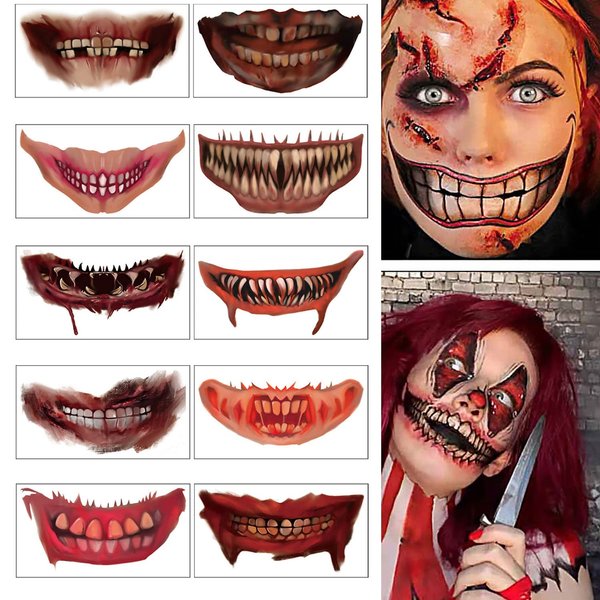 Halloween Tattoo Stickers 10PCS Clown Horror Mouth Tattoo Stickers Decal, Halloween Temporary Tattoos Face Body Makeup Decals Prank Props for Halloween Cosplay Party Decorations