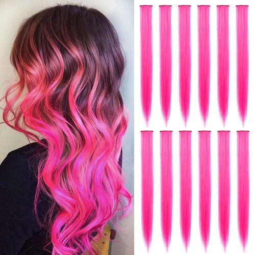 12 Pcs Colored Hair Extensions,22 inch Colored Party Highlights Clip in Hair Extensions Rainbow Hairpieces Colorful Straight Synthetic Hair Piece for Girls Women Gift（Hot Pink）