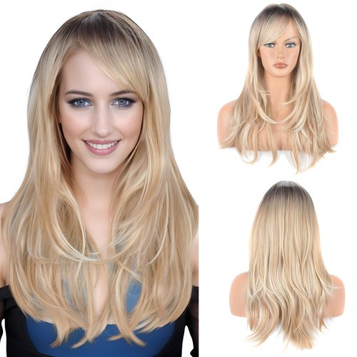 Vieuinaux Blonde with Dark Roots ombre Wigs With Bangs,Long Wavy Straight Blonde Wigs for Women Heat Resistant Synthetic Wigs For Daily (Ombre Blonde Wave)