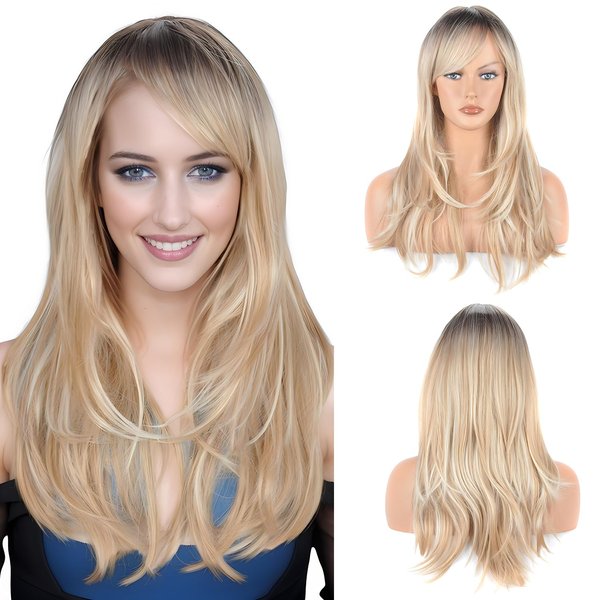 Vieuinaux Blonde with Dark Roots ombre Wigs With Bangs,Long Wavy Straight Blonde Wigs for Women Heat Resistant Synthetic Wigs For Daily (Ombre Blonde Wave)