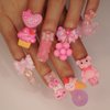 24Pcs Long Press on Nails Square Fake Nails with Charms Nude Pink Acrylic Nails Cute Heart Bear Charm Designs Glue on Nails Reusable Artificial Full Cover Stick on Nails for Women and Girls