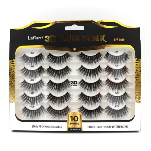Laflare Premium Silk Lashes 3D Faux Mink Eyelashes Multipack, Light, Natural Looking, Professional Easy to Apply Eyelashes in a Knitted Style 10 Pairs Jumbo Pack (A25X10P)
